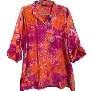 Dilemma 100% Cotton Tie Dye Button Up Tunic Top Art To Wear Pink Red One Size